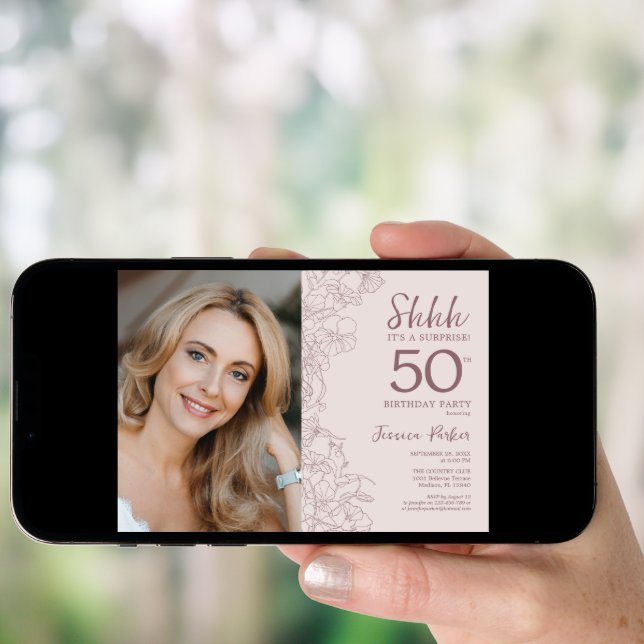 Floral Dusty Pink Surprise Photo 50th Birthday Invitation (Front Digital)