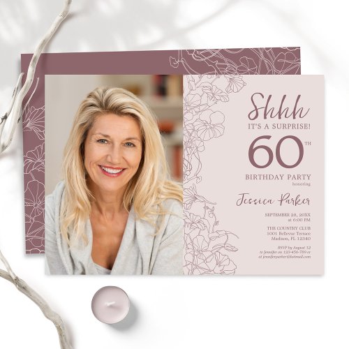 Floral Dusty Pink Surprise Photo 60th Birthday Invitation