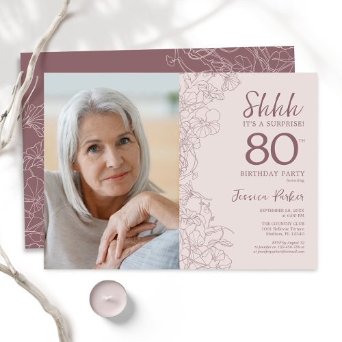 Floral Dusty Pink Surprise Photo 80th Birthday Invitation