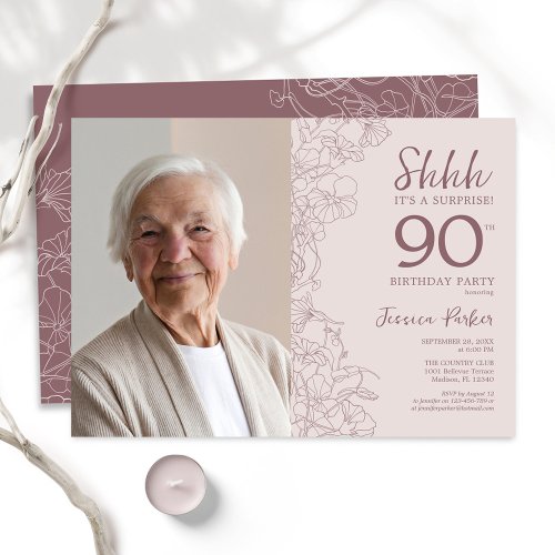 Floral Dusty Pink Surprise Photo 90th Birthday Invitation
