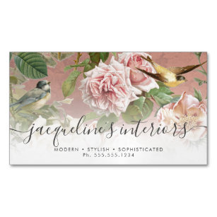 Floral Dusty Pink Vintage Rose Peony Birds Elegant Business Card Magnet