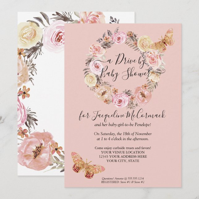 Floral Dusty Pink Wreath Butterfly Drive By Shower Invitation (Front/Back)