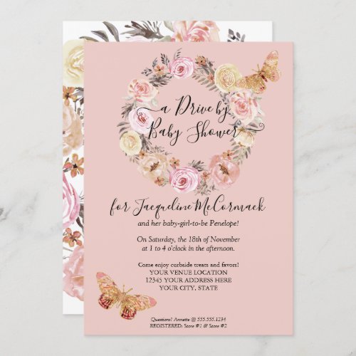 Floral Dusty Pink Wreath Butterfly Drive By Shower Invitation