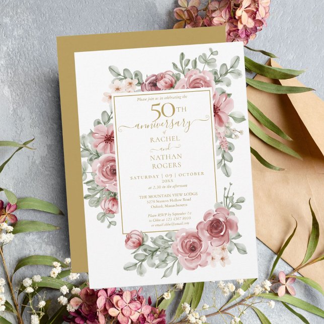 Floral Dusty Rose 50th Golden Wedding Anniversary  Invitation (Creator Uploaded)