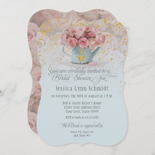  Floral Dusty Rose Bee Gold Blue Bridal Shower Invitation