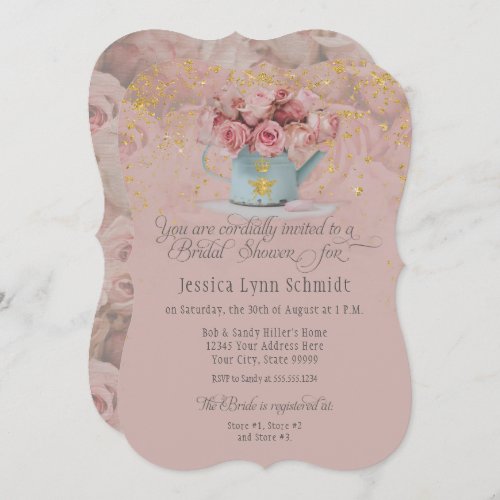  Floral Dusty Rose Bee Gold Glitter Bridal Shower Invitation