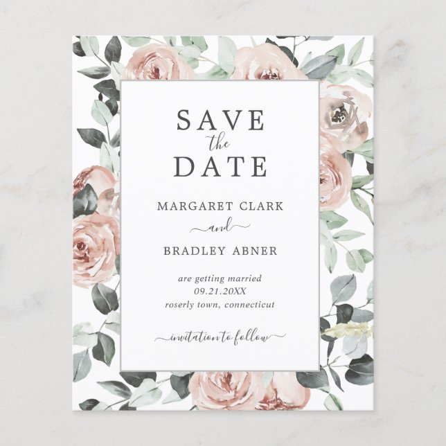 Floral Dusty Rose Budget Wedding Save The Date Flyer (Front)