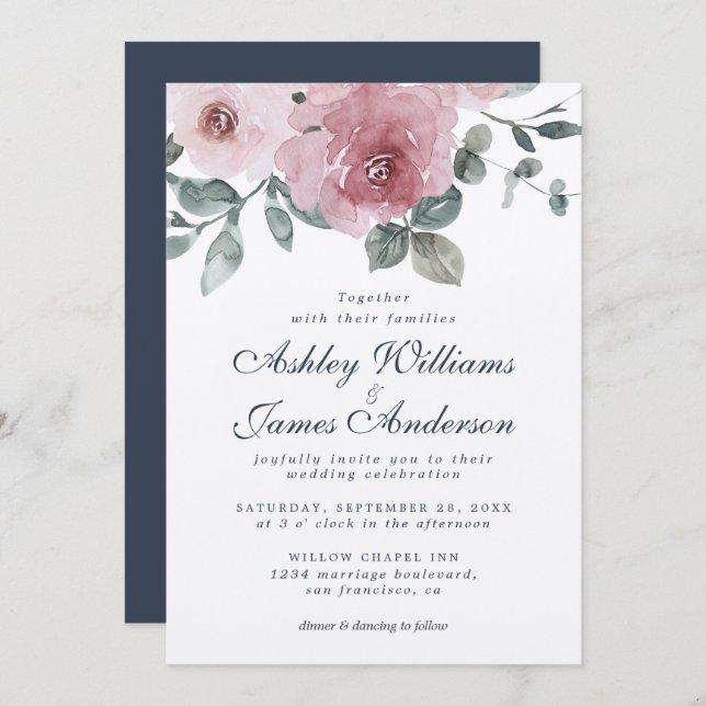 Floral Dusty Rose Dark Blue Wedding Invitation (Front/Back)