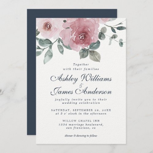 Floral Dusty Rose Dark Blue Wedding Invitation