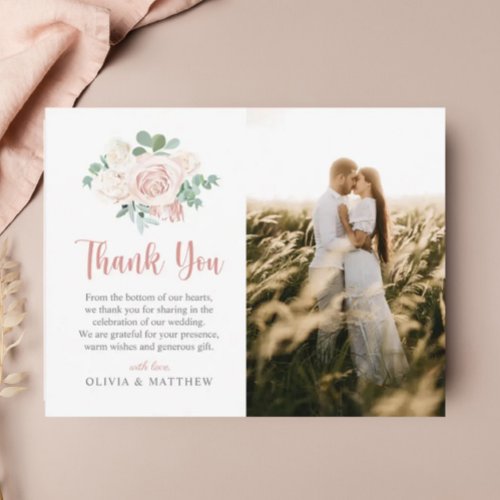 Floral Dusty Rose Eucalyptus Elegant Photo Wedding Thank You Card