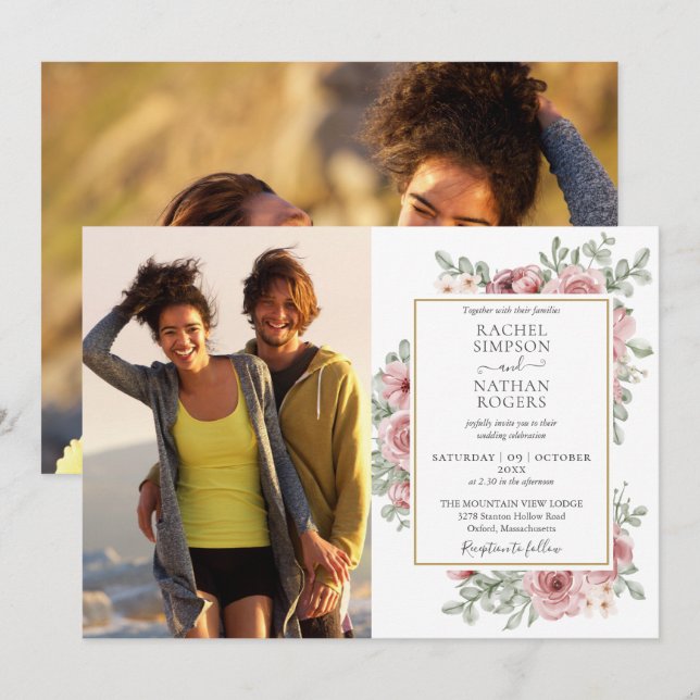 Floral Dusty Rose Gold 2 Photos Wedding Invitation (Front/Back)