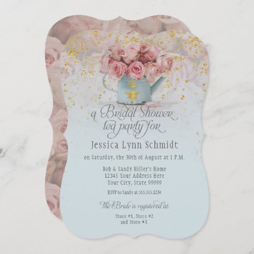  Floral Dusty Rose Gold Blue Bridal Shower Tea Invitation