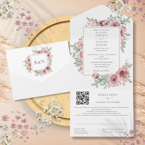 Floral Dusty Rose Gold Geometric QR Code Wedding All In One Invitation