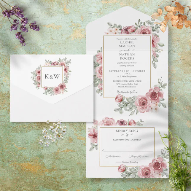 Floral Dusty Rose Gold Geometric Wedding All In One Invitation | Zazzle