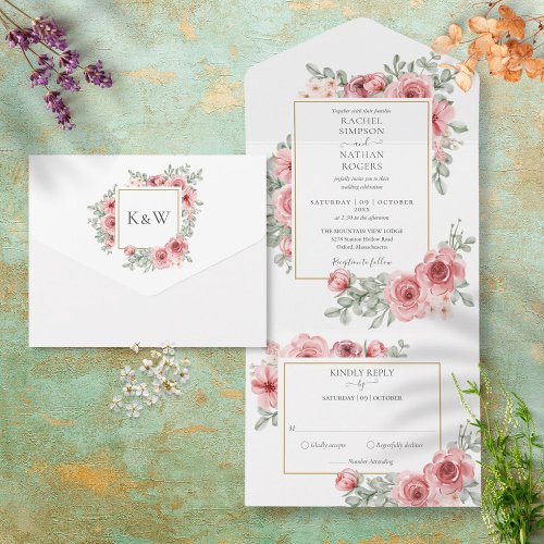 Floral Dusty Rose Gold Geometric Wedding All In One Invitation