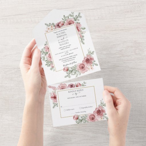 Floral Dusty Rose Gold Geometric Wedding All In One Invitation | Zazzle