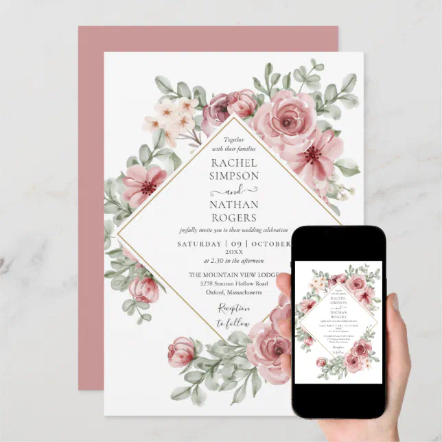 Floral Dusty Rose Gold Geometric Wedding Invitation | Zazzle