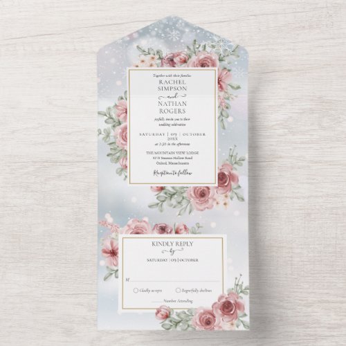 Floral Dusty Rose Gold Geometric Winter Wedding All In One Invitation