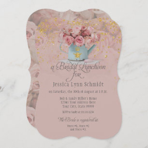 Floral Dusty Rose Gold Glitter Bridal Luncheon Invitation