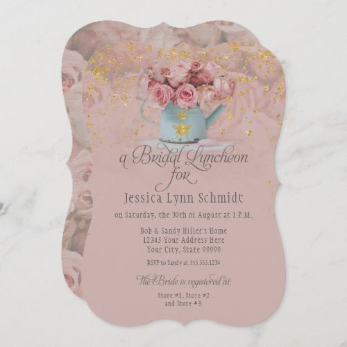  Floral Dusty Rose Gold Glitter Bridal Luncheon Invitation