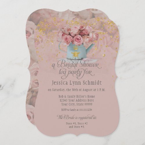  Floral Dusty Rose Gold Glitter Bridal Shower Tea  Invitation