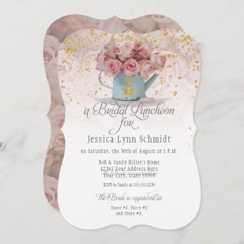  Floral Dusty Rose Gold n White Bridal Luncheon Invitation