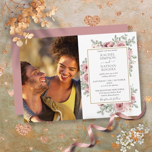 Floral Dusty Rose Gold Photo Wedding Invitation