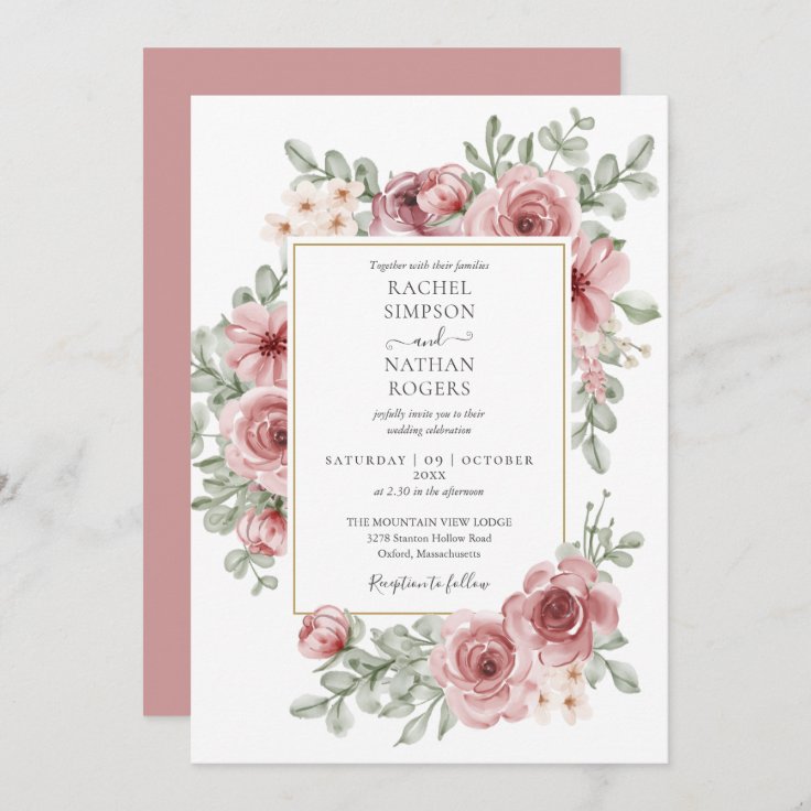 Floral Dusty Rose Gold Wedding Invitation | Zazzle