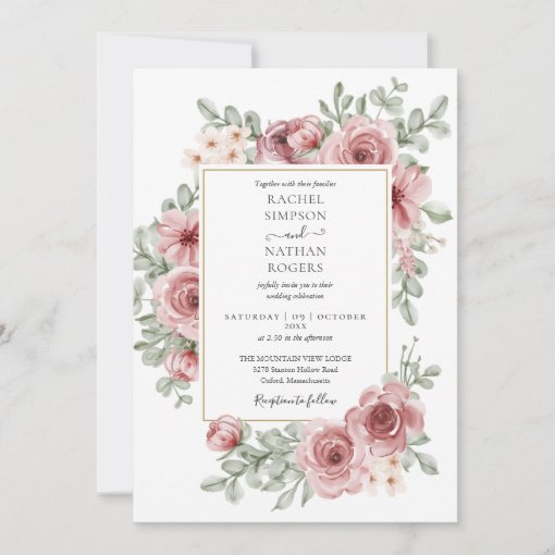 Floral Dusty Rose Gold Wedding Invitation | Zazzle