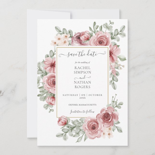 Floral Dusty Rose Gold Wedding Photo Save The Date (Front)