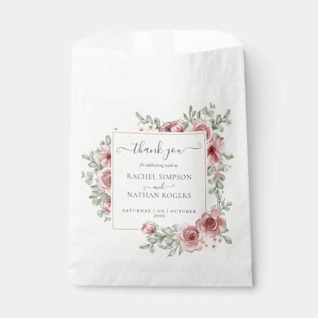 Floral Dusty Rose Gold Wedding Thank You Favor Bag (Front)