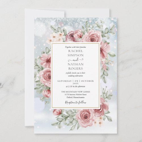 Floral Dusty Rose Gold Winter Wedding Invitation