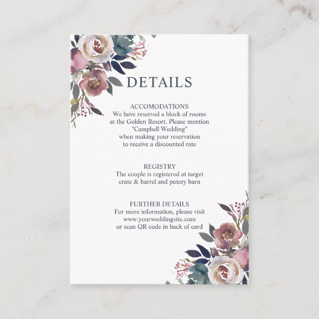 Floral Dusty Rose Mauve Navy Blue QR code Enclosure Card (Front)