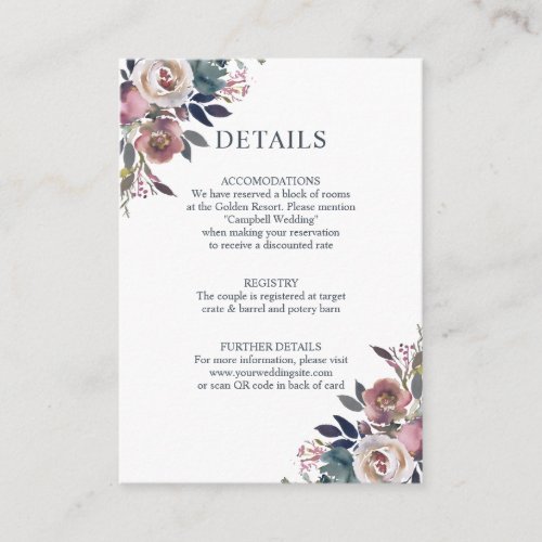 Floral Dusty Rose Mauve Navy Blue QR code Enclosure Card