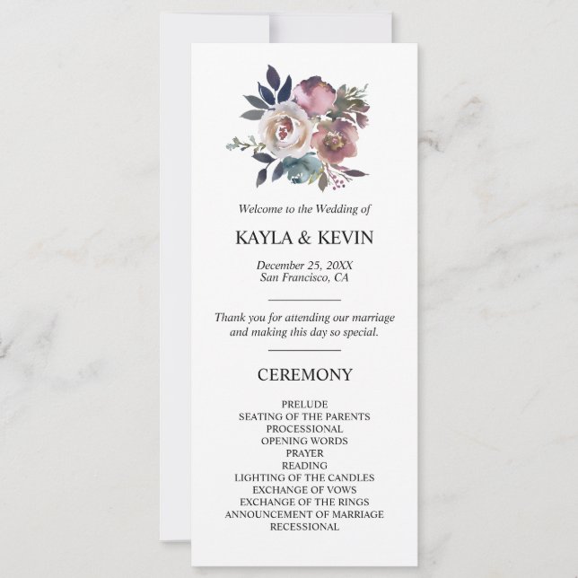 Floral Dusty Rose Mauve Navy Blue Wedding Ceremony Invitation (Front)