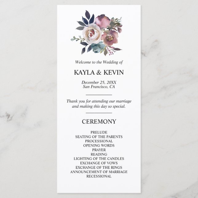 Floral Dusty Rose Mauve Navy Blue Wedding Ceremony Program (Front)