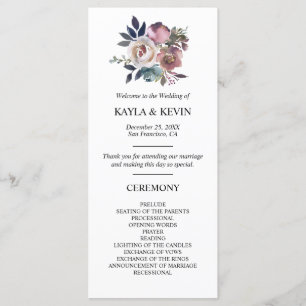 Floral Dusty Rose Mauve Navy Blue Wedding Ceremony Program