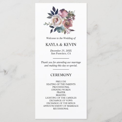 Floral Dusty Rose Mauve Navy Blue Wedding Ceremony Program