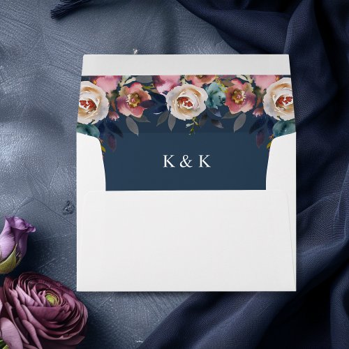 Floral Dusty Rose Mauve Navy Blue Wedding Envelope
