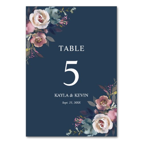 Floral Dusty Rose Mauve Navy Blue Wedding Table Number