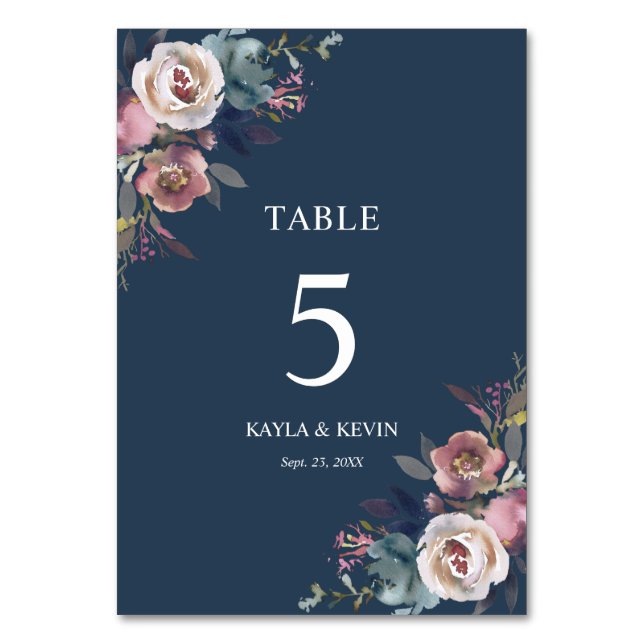 Floral Dusty Rose Mauve Navy Blue Wedding Table Number (Front)