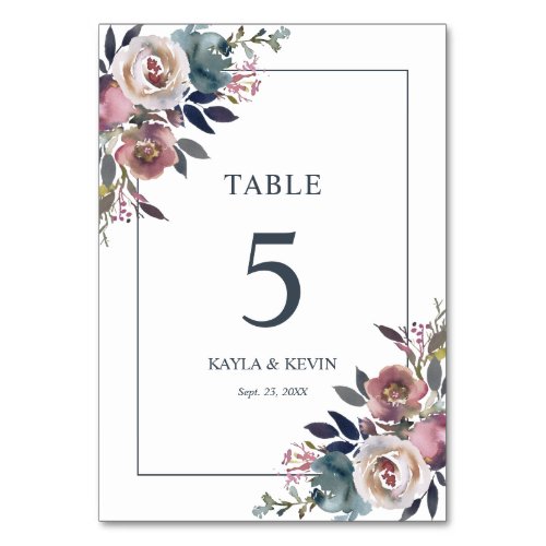 Floral Dusty Rose Mauve Navy Blue Wedding Table Number