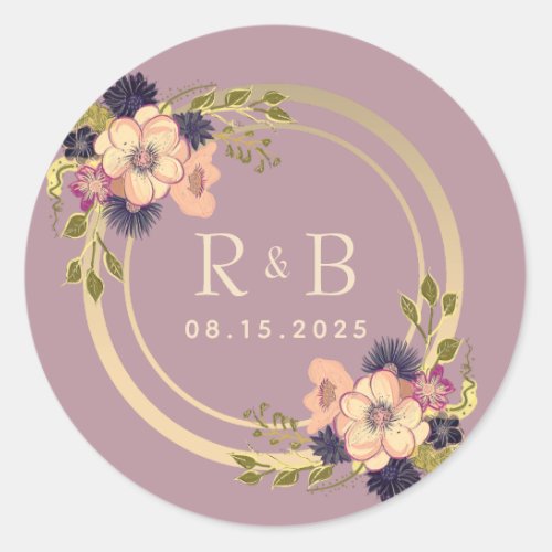 Floral Dusty Rose Monogram Wedding Classic Round Sticker
