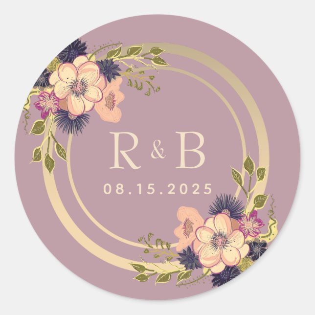 Floral Dusty Rose Monogram Wedding Classic Round Sticker (Front)