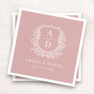 Floral Dusty Rose Pink Crest Wedding Monogram Napkins