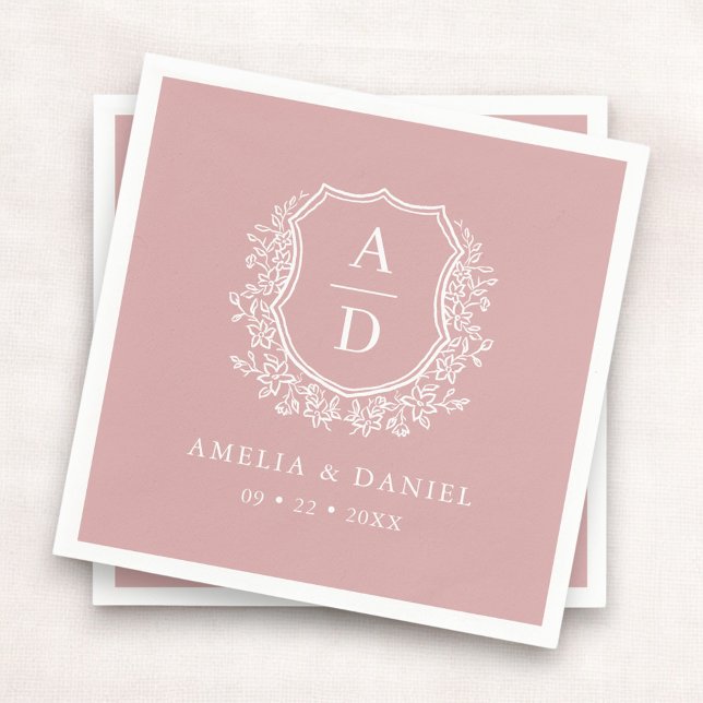 Floral Dusty Rose Pink Crest Wedding Monogram Napkins (Creator Uploaded)