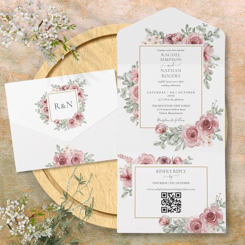 Floral Dusty Rose QR Code Wedding All In One Invitation