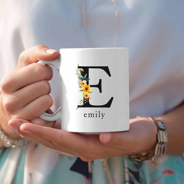 Floral E Monogram Mug with Editable Name (Floral E Monogram Mug with Editable Name. Yellow, Orange & Greenery Watercolor Flowers.)