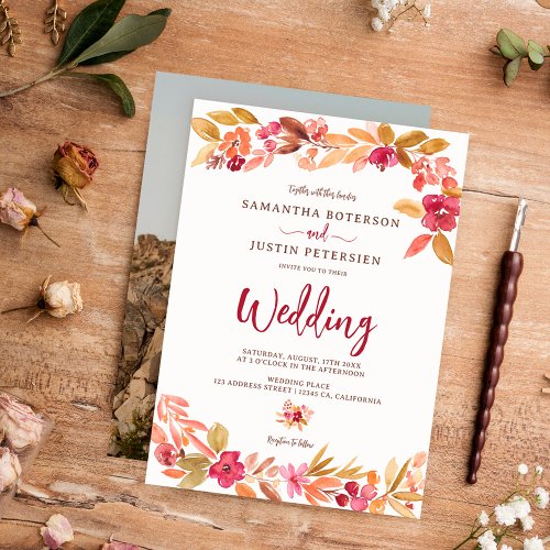 Floral earth tone boho chic photo script wedding invitation