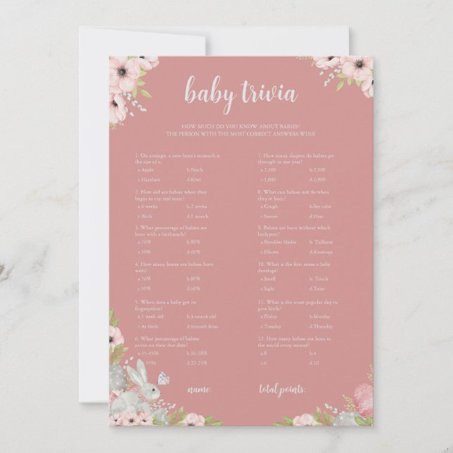 Floral Easter Baby Trivia Baby Shower Game Card (Front)